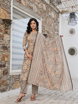 Yufta - Brown Cotton Straight Floral Print Kurta with Pant and Dupatta (Set of 3)