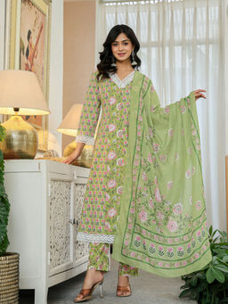 Yufta - Pure Cotton Green Anarkali Kurta with Pant and Dupatta (Set of 3)