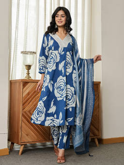 Yufta - Blue Floral Print A-Line Kurta with Pant and Dupatta (Set of 3)