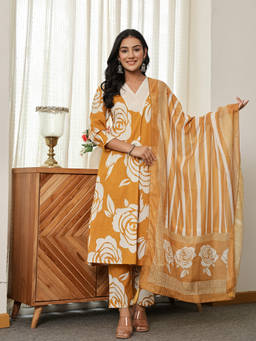 Yufta - Mustard Floral Print A-Line Kurta with Pant and Dupatta (Set of 3)