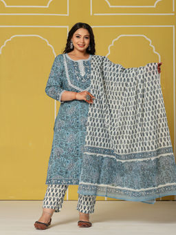 Yufta - Blue Cotton Straight Plus Size Kurta with Pant and Dupatta (Set of 3)