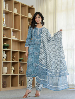 Yufta - Sky Blue Pure Cotton Straight Kurta with Pant and Dupatta (Set of 3)