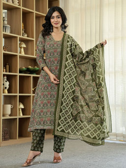 Yufta - Green Printed Anarkali Kurta with Pant and Dupatta (Set of 3)
