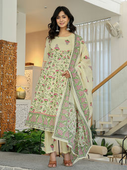 Yufta - Yellow Cotton Floral Print Anarkali Kurta with Pant and Dupatta (Set of 3)