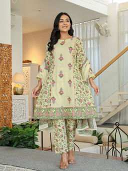 Yufta - Yellow Cotton A Line Kurta with Pant and Dupatta (Set of 3)