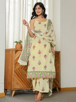 Yufta - Yellow Cotton Straight Sleeveless Kurta with Palazzo and Dupatta (Set of 3)