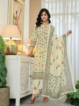 Yufta - Yellow Cotton Straight Floral Print Kurta with Pant and Dupatta (Set of 3)