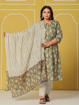 Yufta - Green Cotton A-Line Plus Size Kurta with Pant and Dupatta (Set of 3)