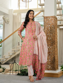 Yufta - Pink Floral Print A-Line Kurta with Pant and Dupatta (Set of 3)