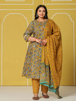 Yufta - Yellow Cotton A-Line Plus Size Kurta with Pant and Dupatta (Set of 3)