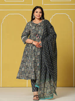 Yufta - Charcoal Cotton A-Line Plus Size Kurta with Pant and Dupatta (Set of 3)
