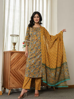 Yufta - Mustard Floral Printed A-Line Kurta with Pant and Dupatta (Set of 3)