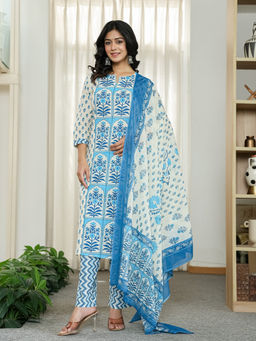 Yufta - Blue and White Printed Straight Kurta with Pant and Dupatta (Set of 3)