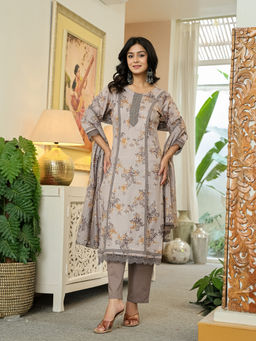 Yufta - Grey Cotton Straight Floral Print Kurta with Pant and Dupatta (Set of 3)