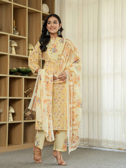 Yufta - Yellow Cotton Straight Floral Print Kurta with Pant and Dupatta (Set of 3)