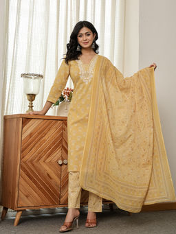 Yufta - Yellow Pure Cotton Kurta with Pant and Dupatta (Set of 3)