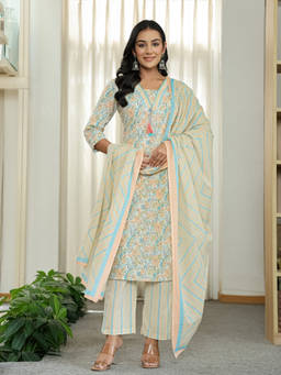 Yufta - Blue Pure Cotton Floral Print Kurta with Pant and Dupatta (Set of 3)