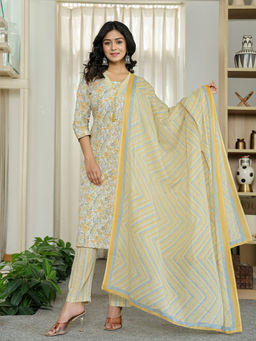 Yufta - Yellow Pure Cotton Floral Print Kurta with Pant and Dupatta (Set of 3)