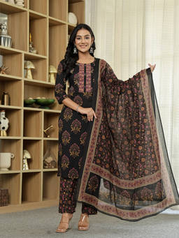 Yufta - Black Pure Cotton Floral Print Kurta with Pant and Dupatta (Set of 3)