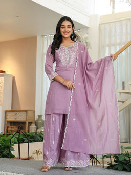 Yufta - Purple Embroidered Kurti with Palazzo and Dupatta (Set of 3)