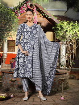 Stylum - Grey Floral Printed Cotton Anarkali Kurta with Pant and Dupatta (Set of 3)