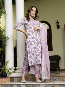 Stylum - Lavender Floral Printed Cotton Straight Kurta with Pant and Dupatta (Set of 3)
