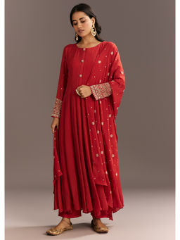 KALKI FASHION - Red Chinon Embroidered Anarkali Kurta with Pant and Dupatta (Set of 3)