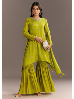 KALKI FASHION - Green Chinon Asymmetrical Cut Kurta with Sharara and Dupatta (Set of 3)