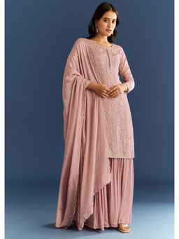 KALKI FASHION - Dusty Rose Pink Chinon Embroidered Kurta with Sharara and Dupatta (Set of 3)