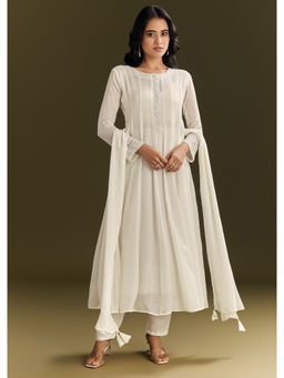 KALKI FASHION - White Chinon Beaded Sequin Anarkali Kurta with Pant and Dupatta (Set of 3)