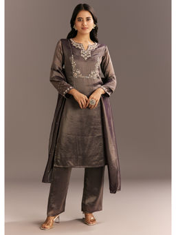 KALKI FASHION - Dark Purple Organza Tissue Embroidered Kurta with Pant and Dupatta (Set of 3)