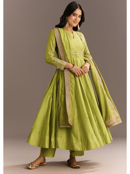 KALKI FASHION - Light Green Chanderi Anarkali Kurta with Pant and Lace Dupatta (Set of 3)