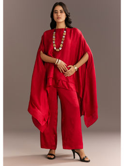 KALKI FASHION - Red Crush Silk Kaftan Kurta with Palazzo and Stone Neckpiece (Set of 3)