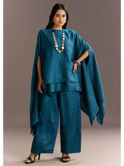 KALKI FASHION - Teal Blue Crush Silk Kaftan Kurta with Palazzo and Stone Neckpiece (Set of 3)