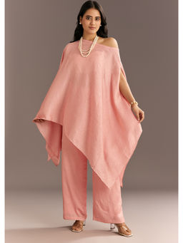 KALKI FASHION - Peach Crush Silk One Shoulder Kurta with Palazzo and Pearl Neckpiece (Set of 3)