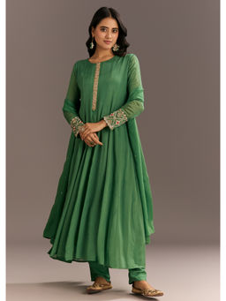 KALKI FASHION - Green Zardozi Moti Work Anarkali Kurta with Pant and Dupatta (Set of 3)