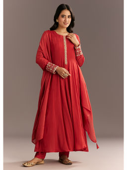 KALKI FASHION - Red Zardozi Moti Work Anarkali Kurta with Pant and Dupatta (Set of 3)