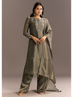 KALKI FASHION - Dark Grey Tissue Embroidered Kurta with Pant and Butti Dupatta (Set of 3)
