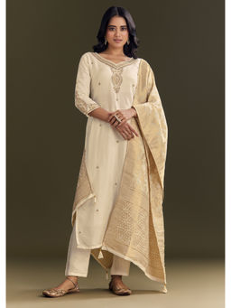KALKI FASHION - Cream Silk Embroidered Kurta with Pant and Banarasi Dupatta (Set of 3)