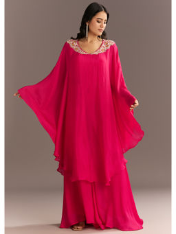 KALKI FASHION - Pink Chinon Zardozi Neckline Cape Style Kurta with Palazzo (Set of 2)