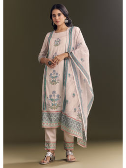 KALKI FASHION - Beige Cotton Block Print Kurta Pant with Dupatta (Set of 3)