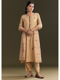 KALKI FASHION - Beige Modal Thread work Kurta with Pant with Dupatta (Set of 3)