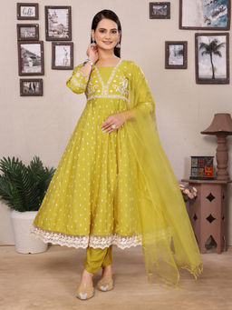 Rangita - Mustard Viscose Poly Embroidered Anarkali Kurta with Pant and Dupatta (Set of 3)