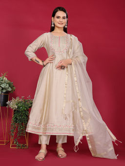 Rangita - Beige Viscose Poly Embroidered Anarkali Kurta with Pant and Dupatta (Set of 3)