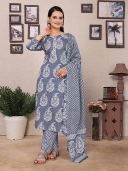 Rangita - Grey Cotton Block Printed Straight Kurta with Pant and Dupatta (Set of 3)