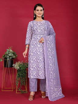 Rangita - Lavender Cotton Floral Printed Straight Kurta with Pant and Dupatta (Set of 3)