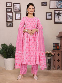 Rangita - Light Pink Cotton Printed A-Line Kurta with Pant and Dupatta (Set of 3)