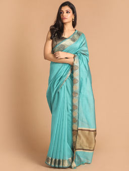 Indethnic - Banarasi Teal Solid Work Wear Saree With Unstitched Blouse