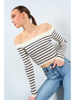 GAIIA - Ivory Wool Stripes Full Sleeves Crop Sweater