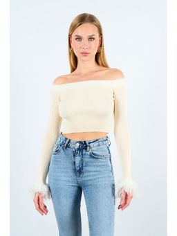 GAIIA - Cream Polyester Textured Full Sleeves Crop Sweater